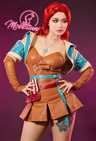 Triss Derivative Sexy Lingerie Costume Outfit High Slit Bodysuit and Skirt Coat with Gloves Belt Bag Necklace