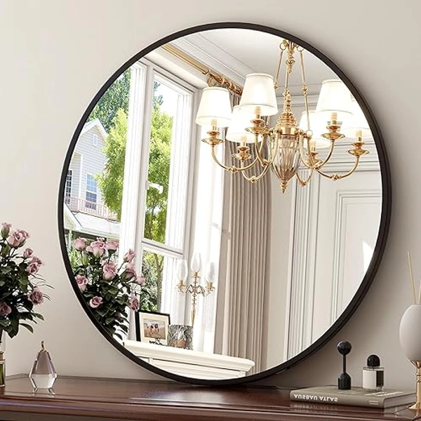 XRAMFY 24-Inch Round Wall Mirror with Aluminum Alloy Metal Frame - Ideal for Entryway, Bathroom, Vanity, Living Room - Black Finish Circle Mirror for Stylish Home Decor