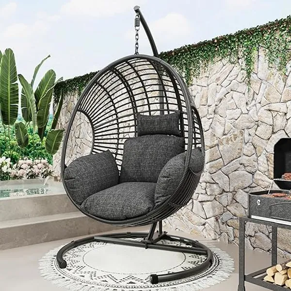 CHINNLUU Oversized Hanging Egg Chair Outdoor Wicker Swing Chair with Stand Rain Cover UV Resistant Cushion 400lbs Capacity for Patio, Garden and Balcony - Black - Regular - Oversized C-base