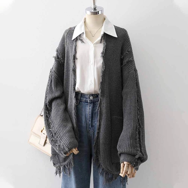 Loose Raw Edges Gray Knitted Sweater Cardigan