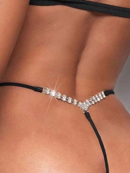 1st sexig underklädeskedja Silver Svart Elastisk Trosa med enkla kristallkedjetrosa, lämplig för nattklubb, fest, kroppssmycken