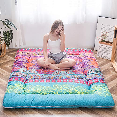 MAXYOYO Bohemian Retro Floor Mattress Boho Floral Style Japanese Futon Mattress Tatami Floor Mat Foldable Bed Portable Camping Mattress Sleeping Pad Floor Lounger Couch Bed King Size - King - Bohemian B