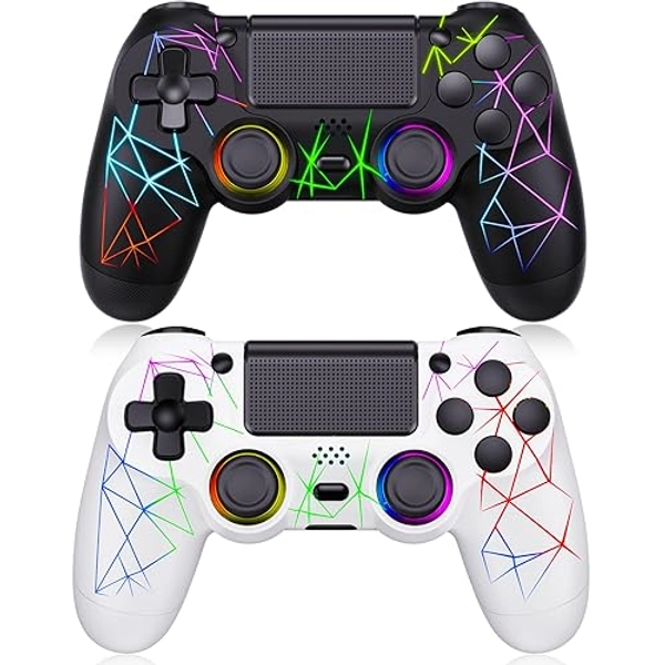 GamingBoy 2 Pack Wireless Controller for PS4, Light-up RGB Remote Control for Ps4/PC with Hall Effect Joystick/1000mAh Battery/Type-C/Dual Vibration/6-Axis Gyro/Audio Jack/Touch Pad（White Black）