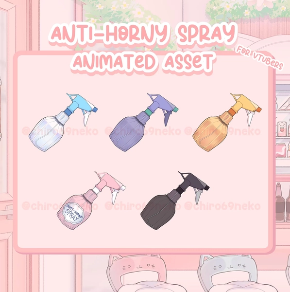 Anti Horny Spray | Asset for VTuber | Hand drawn Animation | Spray Bottle Different colors Blue Pink Black Purple Yellow with Sign