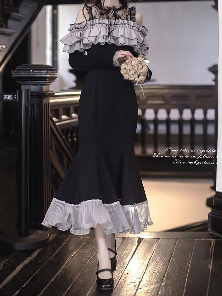 [$79.00]Jirai Kei Black Mermaid Dress with Open Shoulder & Pink Tiered Ruffles Neckline - Contrast Lace Patch Detail