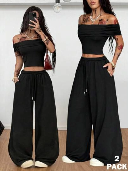 Coolane Damen Sommer minimalistischer Y2K Streetwear Lässig Basics Alltagskleidung Off-Shoulder Crop Top und weite, taillenmindrige Jogginghose Zweiteiler