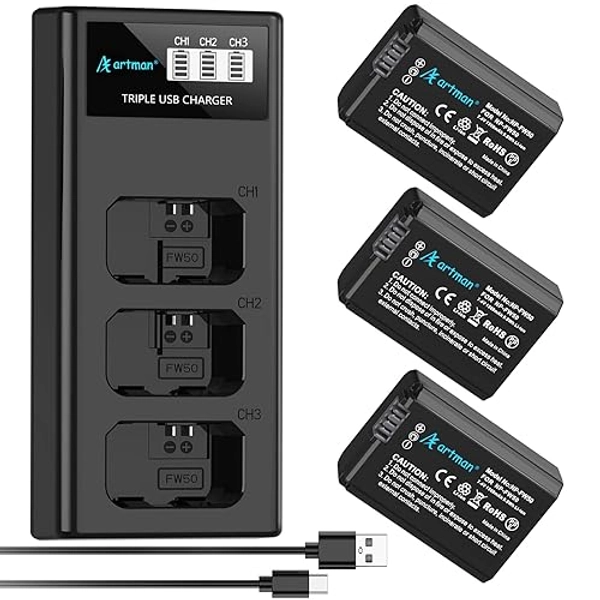 Artman NP-FW50 Battery 3-Pack and Upgraded 3-Slot ZV-E10 Battery LCD Charger for Sony ZV E10, Alpha A6500 A6400 A6300 A6000 A5100 A5000, A7S II, A7S, A7R II, A7R, A7 II, A7, RX10 II III IV Cameras