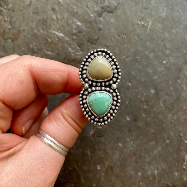 SIZE 6.5 Carico Lake Turquoise Ochre Sterling Silver Double Stones Oversized Ladies Statement Cocktail Big Ring