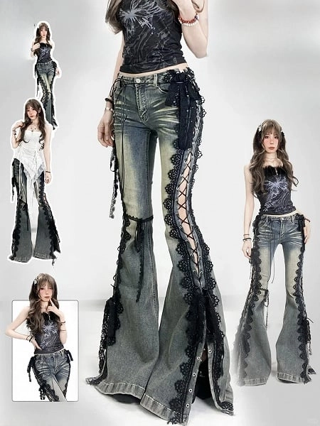 [$68.28]Blue Bittersweet Glamorous Lace-up Detail Side Lace Trim Flare Silhouette Jeans