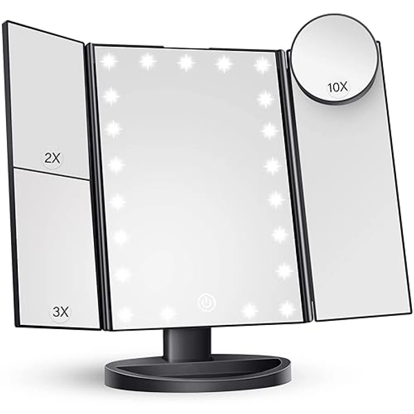 HUONUL Makeup Mirror Vanity with Lights, 2X 3X 10X Magnification, Lighted Mirror, Touch Control, Trifold Dual Power Supply, Portable LED Women Gift (Black)