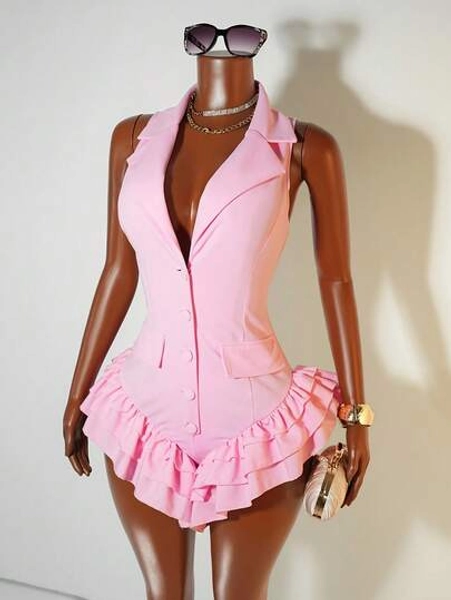 Mistrie Mono sin mangas de mujer con cuello de solapa, abotonadura sencilla y volante en el bajo, de unicolor