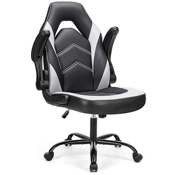Sweetcrispy Computer Gaming Desk Chair - Ergonomic Office Executive Adjustable Swivel Task PU Leather Racing Chair with Flip-up Armrest for Adults, Kids, Men, Girls, Gamer, Black White