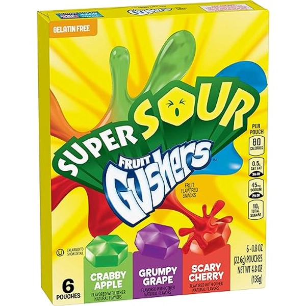 Super Sour Gushers Fruit Flavored Snacks, Crabby Apple, Grumpy Grape, Scary Cherry, 6 Count, 4.8 oz