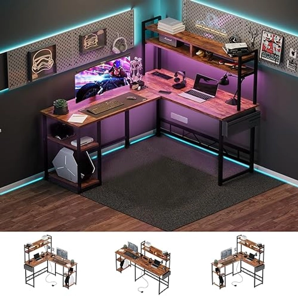 Flamaker L Shaped Gaming Desk with LED Lights & Power Strips, 120x140cm Reversible Corner Computer Desk with Storage Shelf and Hutch, Home Office Desk, Rustic Brown