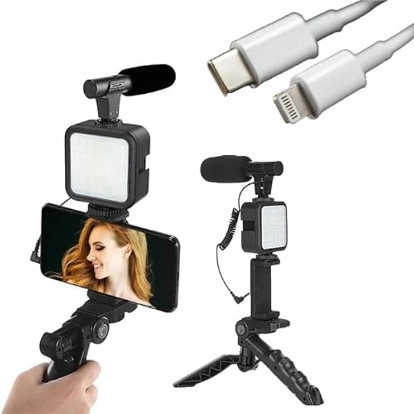White Isle Grip Smartphone Vlogging kit, for Apple & Android, Includes USB-C & iPhone Lightning Cable, YouTube Starter Kit, Podcast Equipment, Tripod, Shotgun Mic, led Light, Phone Holder