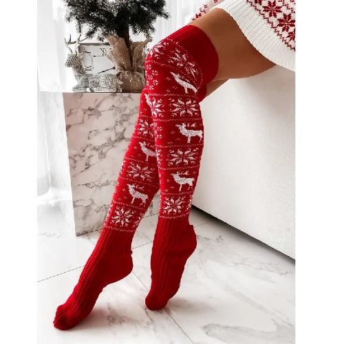 Cozy Reindeer Christmas Knitted Stocking Knee High Socks (Red, White, Gray) - RED