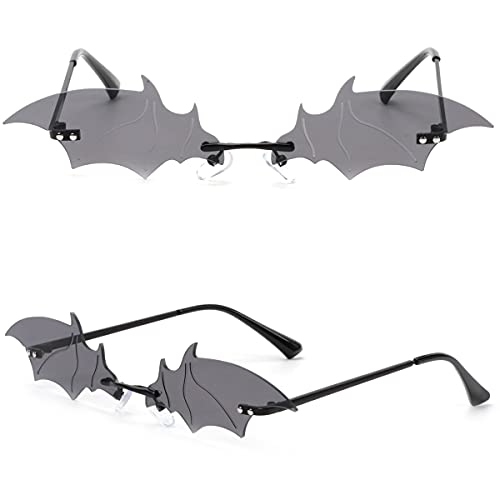 WONOLO Retro Bat Shaped Rimless Sunglasses for Women Men Small Vintage Sun Glasses Novelty Eye Frameless Glasses Eyewear UV400 Protection for Party - Black Frame Grey Lens