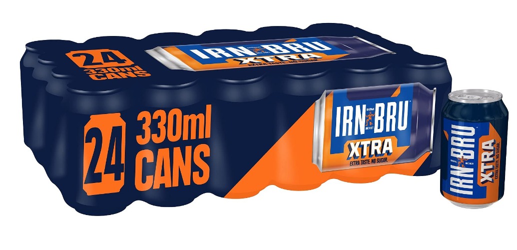 IRN-BRU XTRA 24 Fizzy Drinks 330ml Multipack Cans, XTRA Taste No Sugar, 24 Pack