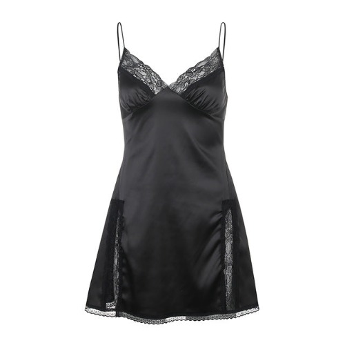 'Dressed to Kill' Black Satin Lace Strap Dress - Black / L