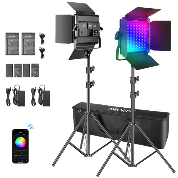 Neewer 2 Packs P200 RGB LED Video Light Battery Kit with APP Control - CRI97+ 360°Full Color RGB Light Preset 9 Scenes with U-Bracket/Barndoor/LCD Display/for YouTube, Outdoor Photography - 