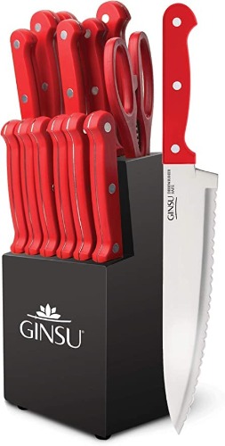 Ginsu KIS-RD-DS-014-4 Kiso Dishwasher Safe Red 14 Piece Set Black Block, 9" W x 15" H x 5" D - Black Block - Red