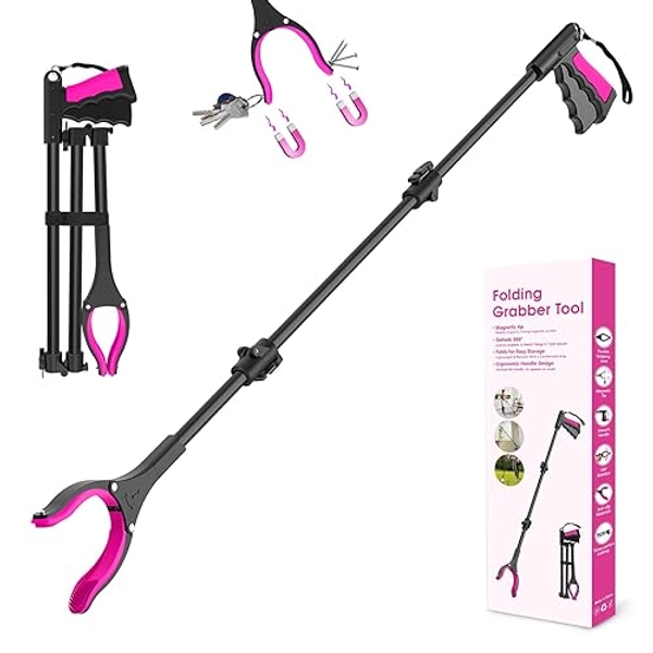 43" Grabber Reacher Tool, Foldable Reacher Grabber Pickup Tool with 360° Rotating Jaw & Two Magnets, Extra Long Trash Picker Upper Grabber, Extension Grabbers for Seniors, Pink - 43-Inch