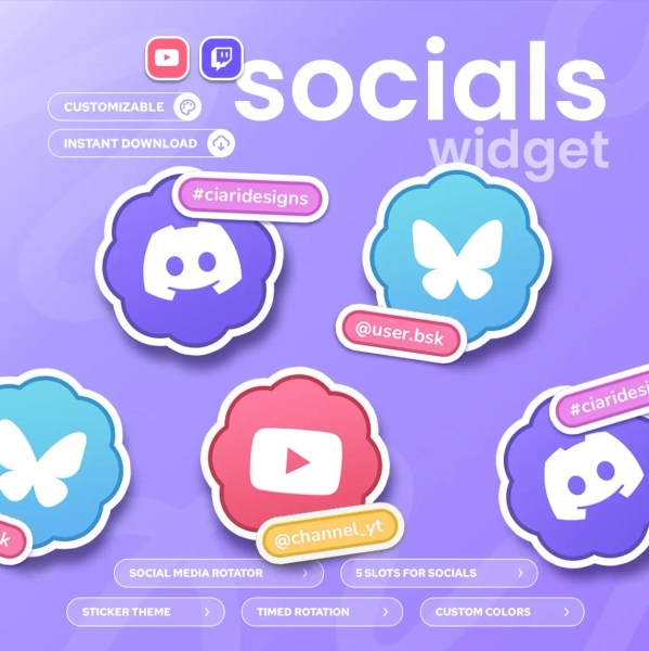 Badge Social Media Rotator Widget | Twitch & Youtube | (32) Icons | Customizable widget | StreamElements OBS Streamlabs