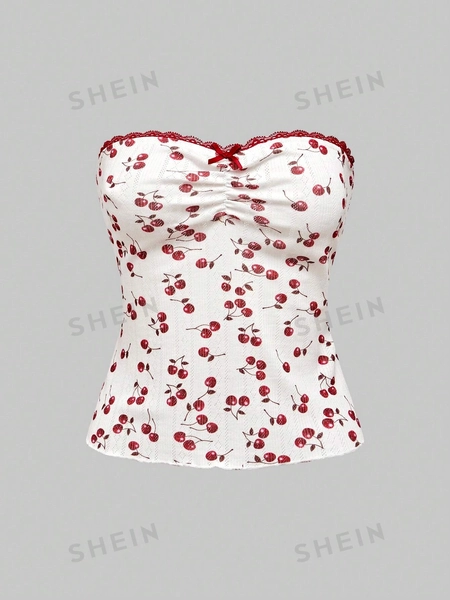 ROMWE Kawaii Casual Yet Sexy Lace & Cherry Patterned Top With Bowknot And Ruffled Elastic Hem For Ladies' Holiday Or Vacation, School