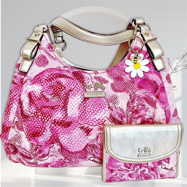 Coach Pink Floral Shoulder Hobo Bag with Matching...