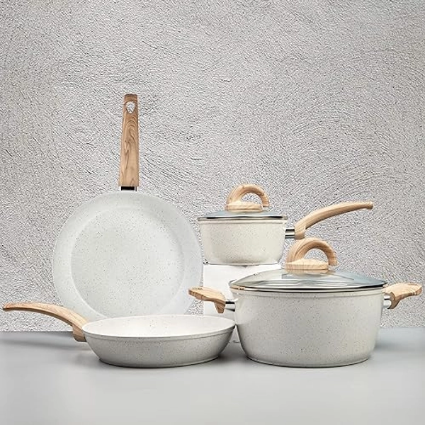 Vkoocy White Pots and Pans Set Non Stick, Ceramic Cookware Set with Granite Pattern Kitchen Cooking Sets Induction Pot and Pan w/Frying Pans, Saucepans, Casserole, Non-Toxic, PTFE/PFOA/PFOS-Free