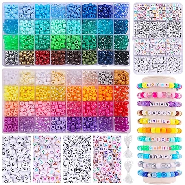 QUEFE 2350pcs, 64 Colors, Pony Beads for Bracelet Making Kit, Rainbow Kandi Beads Friendship Bracelet Kit, Letter Beads and Elastic Strings for Bracelet Necklace Making, Craft Gifts Set for Girls