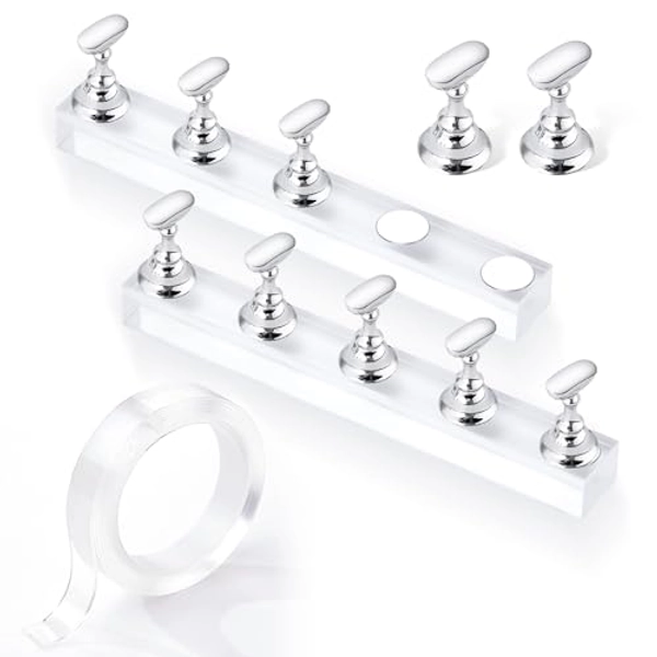 Makartt Press On Nail Stand, Silver Nail Stand for Nails Art Display Practice Nail Holder for Painting Nails Stand for False Nail Press On Designs Magnetic Fake Nail Holder with 1M Double-sided Tape