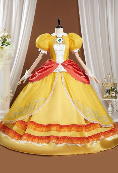 Princess Daisy Cosplay Costume Yellow Princess Dress with Gloves Earrings
