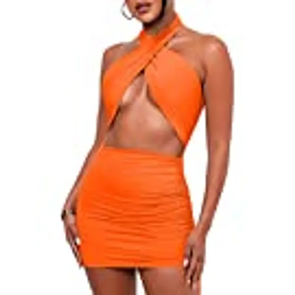 Lizstud Women Sexy Club Halter Criss Cross Hollow Out Ruched Sleeveless Mini Bodycon Dresses