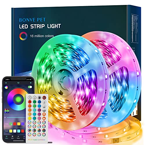 Bonve Pet Ruban LED 10M(5Mx2) Bleutooth Bande LED RGB LED Chambre Bande Lumineuse Flexible Multicolore, Contrôlé par APP du Smartphone, Synchroniser avec Rythme de Musique/Fonction de Minuterie - 10M