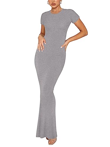 REORIA Women's Summer Casual Lounge Long Dress Elegant Short Sleeve Crew Neck Bodycon Maxi Dresses - Medium - Light Grey