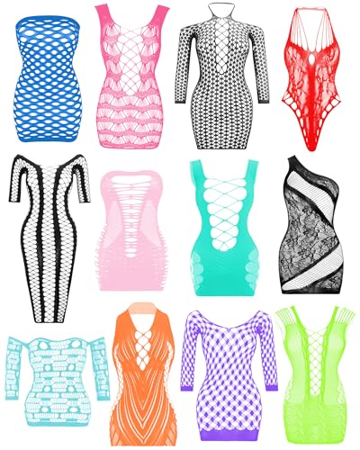 Fishnet Lingerie for Women Fishnet Bodysuit Lace Bodysuits Sexy Babydoll Nightwear - 12 Pcs: Bright 02