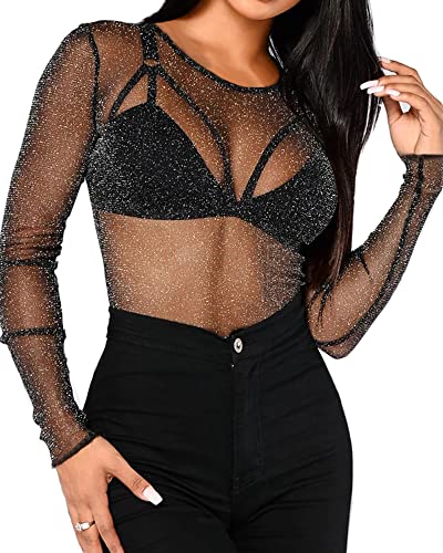 BelleLovin Women's Sheer Mesh Tops Long Sleeve Glitter Sexy Tops See Through Blouses - black - Medium