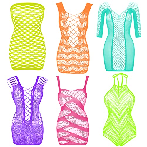 Fishnet Lingerie for Women Mesh Bodysuit Sexy Lace Babydoll Nightwear - 6 pcs: Fluorescent color