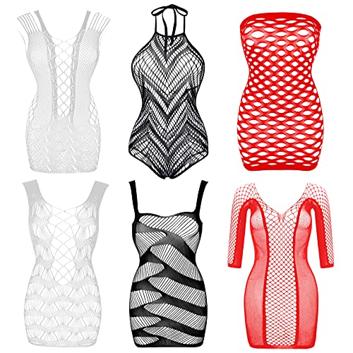 Fishnet Lingerie for Women Mesh Bodysuit Sexy Lace Babydoll Nightwear - 6 Pcs: Black+red+white