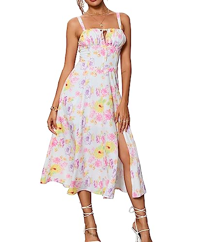 Courecrop Floral Midi Corset Dress Boho Flowy Slit Lace Up Dresses for Women Going Out Sundress - Wide shoulder straps - 4-6 - Pink Yellow
