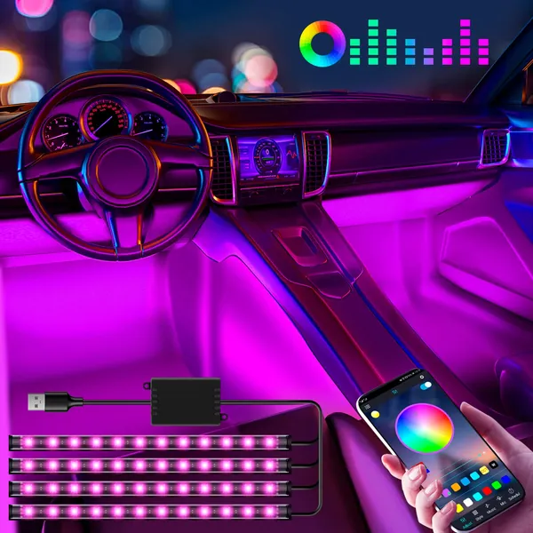 Winzwon Car LED Interior Lights, 4 Pcs Car LED Strip Light Car Accessories with USB Port APP Control Lighting Kits Infinite DIY Colors Car Atmosphere Lights Car Gifts for Him Her