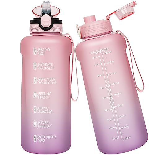 Seekua Sports Tritan Water Bottle 2l with Straw & Time Markings, Large Motivational Daily Drinking Bottle with Strap for Gym, Travel, 2 Lids, 2 Litre - Pink - Purple - 2000 ml