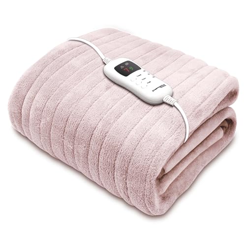 Dreamcatcher Electric Heated Throw Blanket 160 x 120cm, Machine Washable Soft Fleece Overblanket with Timer and 9 Control Heat Settings (Pink) - Pink