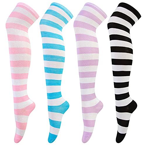 4 Pairs Striped Thigh Knee High Sock Women Ladies Over Knee Socks Long Boot Stocking for Girls Leg Warmer High Socks Casual for Daily Wear, Cosplay - One Size - Pink, Blue, Purple, Black
