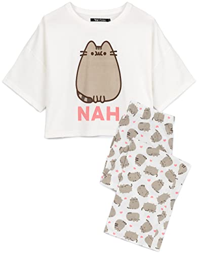 Pusheen Womens Pyjamas | Adults Ladies Cartoon Cat Nah White T-Shirt With Long Bottoms Pjs | Animal Anime Merchandise - L - White