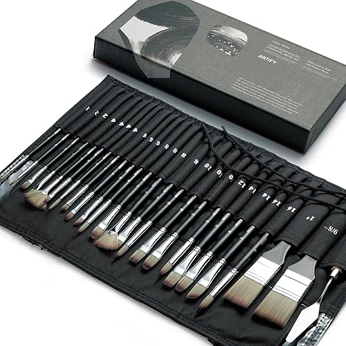 ARTIFY 24 Pieces Paint Brush Set, Expert Series, Enhanced Synthetic Brush Set with Cloth Roll and Palette Knife for Acrylic, Oil, Watercolor and Gouache (Black) - Black