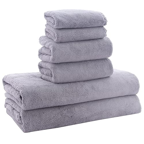 MOONQUEEN Ultra Soft Towel Set - Quick Drying - 2 Bath Towels 2 Hand Towels 2 Washcloths - Microfiber Coral Velvet Highly Absorbent Towel for Fitness, Bathroom, Sports, Yoga, Travel-Grey 6 Pcs - Grey