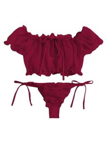 SheIn Women's Self Tie Ruffle Trim Dobby Mesh Lingerie Set Sexy Bra and Panty