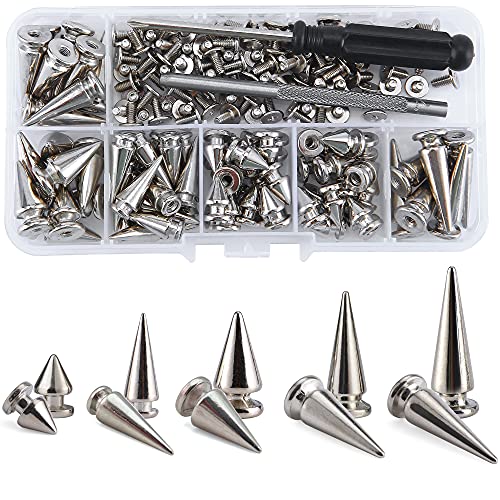 YORANYO 70 Sets Mixed Shape Spikes and Studs Assorted Sizes Spike Studs for Clothing Silver Color Screw Back Bullet Tree Studs and Spikes Rivet for Leather Craft Clothing Shoes Belts Bags Dog Collars - Tree Spikes Mixed 70Pcs
